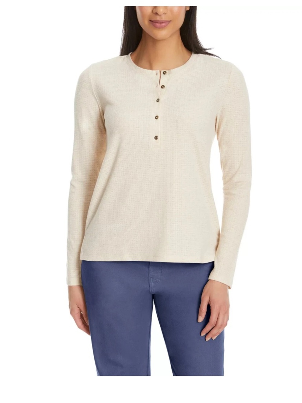 G.H. Bass & Co. Waffle-Knit Henley Long Sleeve‎ Top — Cream